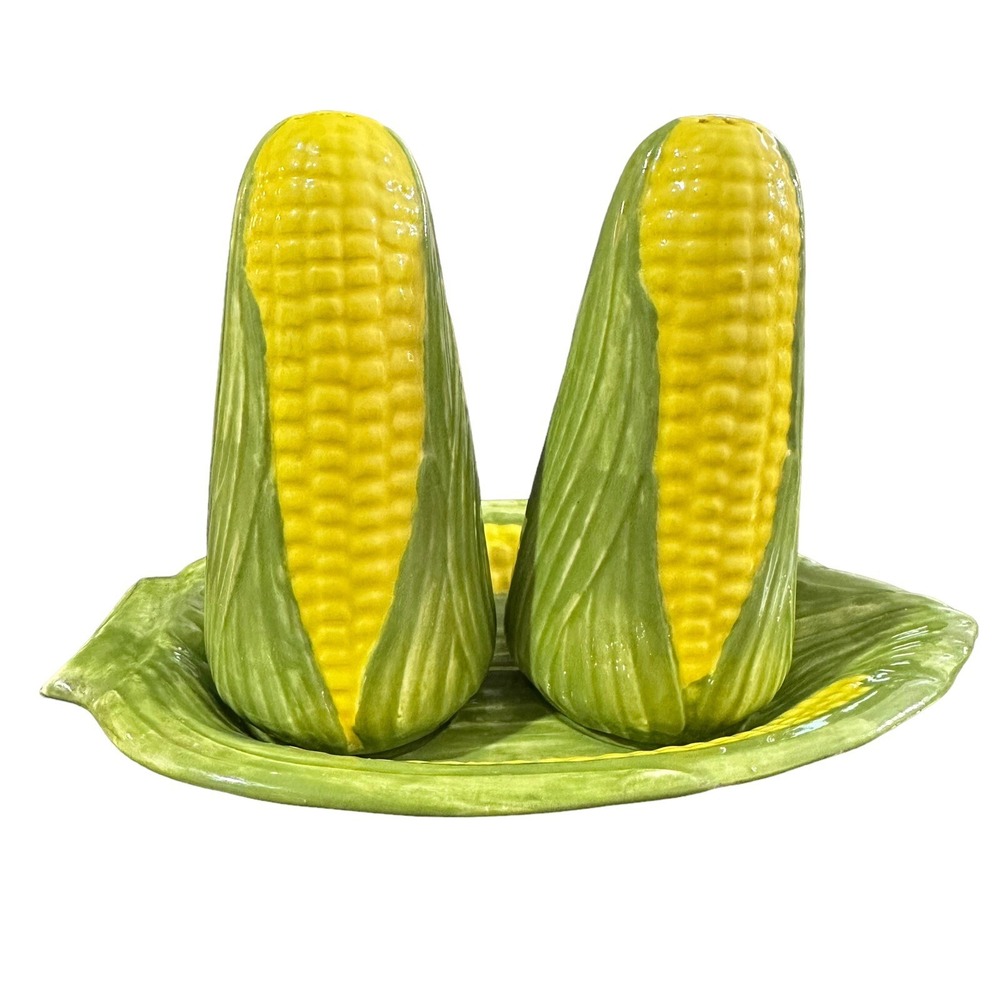Vintage Yellow‎ Corn on the Cob Salt & Pepper Shaker Set with Plate 1978